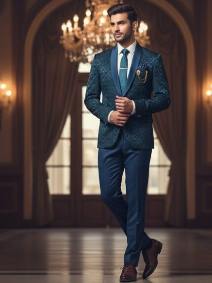 Stylish Royal Blue Printed 5 Piece Blazer Set & Designer