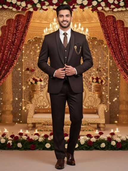 Stylish Deep Brown Plain 5 Piece Blazer Set for Men