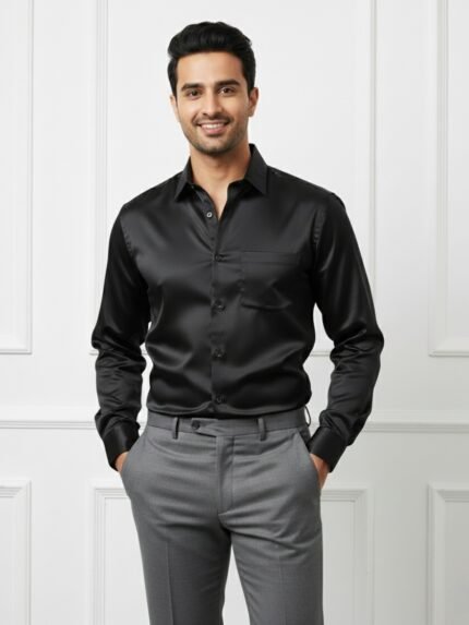 Trendy Black Satin Full Formal Shirt & Luxury Office Shirt