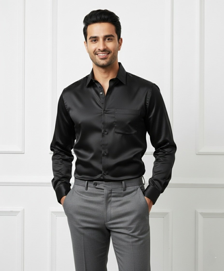 Trendy Black Satin Full Formal Shirt & Luxury Office Shirt Trendy Black Satin Full Formal Shirt & Luxury Office Shirt