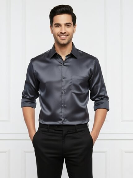 Trendy Dark Grey Satin Formal Shirt for Men Full Sleeve