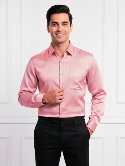 Classic Pink Satin Formal Full Shirt for Men