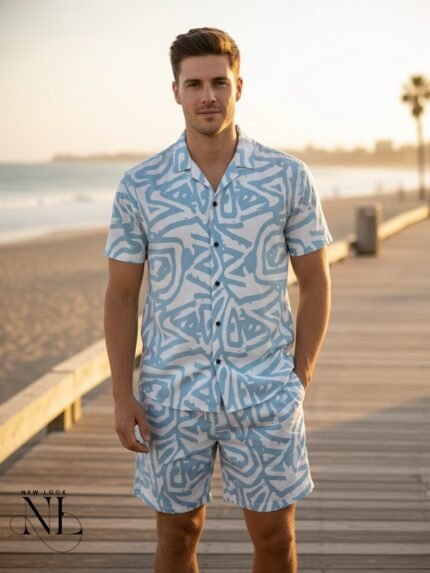 Trendy Sky Blue Printed Cord Set for Men & Party Wear