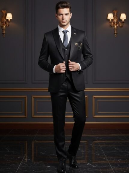 Stylish Jet Black Plain 5 Piece Blazer Suit & Formal Elegance