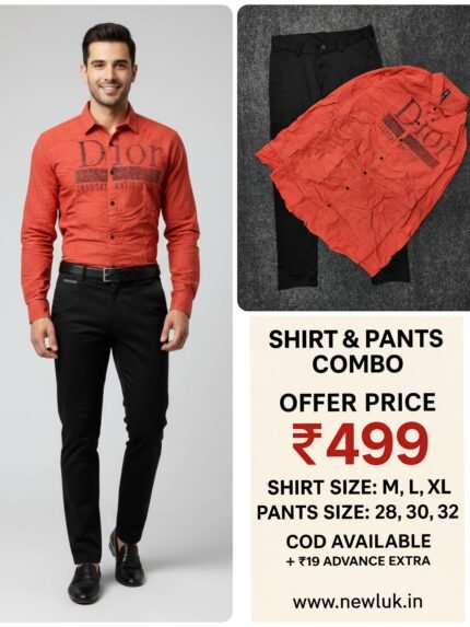 Orange Printed Full Shirt & Black Pant Combo Set & Trendy