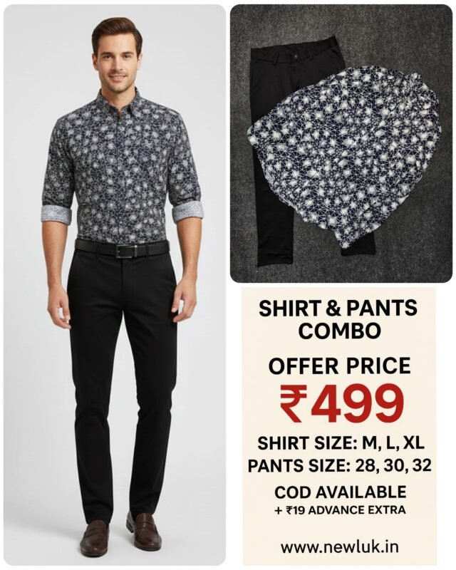Navy Blue Printed Shirt & Black Pant Combo Set & Formal Wear