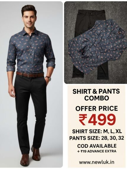 Dark Grey Printed Shirt & Black Pant Combo Set & Patterned Wear