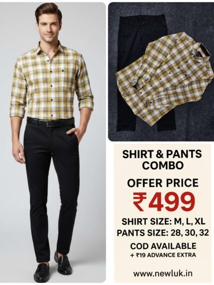 Yellow Checks Full Shirt & Black Pant Combo Set & Bold