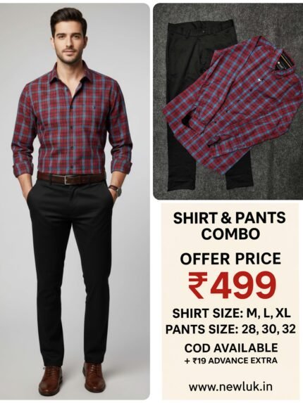Maroon Checks Full Shirt & Black Pant Combo Set & Formal Wear