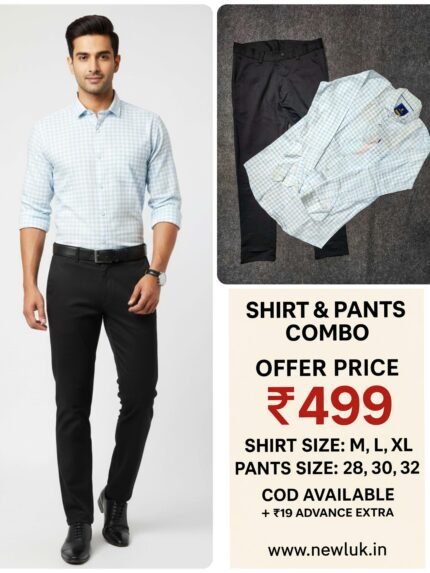 Sky Blue Checks Shirt & Black Pant Combo Set & Formal Wear