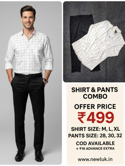 White Checks Shirt & Black Formal Pant Combo Set & Classic