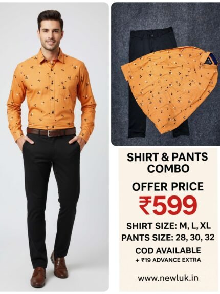 Printed orange shirt with black pant combo vibrant men's