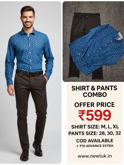 Printed full dark blue shirt with black pant combo For Men
