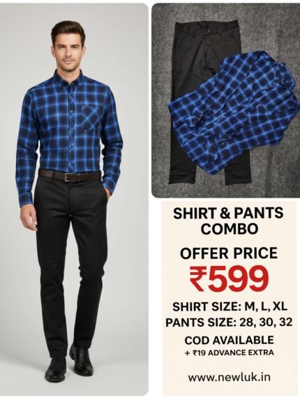 Black pant with Deep blue checks full shirt Combo Premium