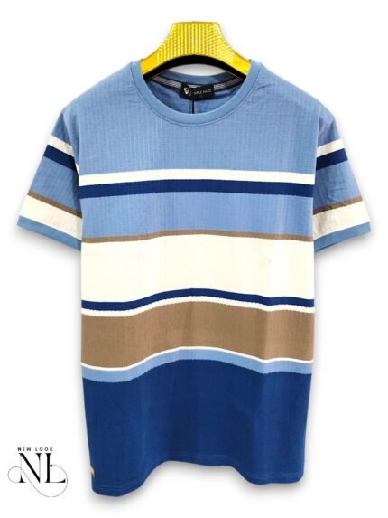 Casual Blue Stripe Half T-Shirt for Men