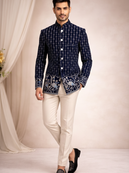 Regal Navy Blue Printed Velvet Jodhpuri Blazer for Men