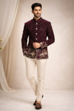 Dark Purple Printed Velvet Jodhpuri Blazer for Men