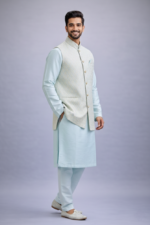 Royal Sky Blue 3-Piece Kurta Pajama & Jacket Set for Wedding