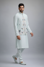 Royal Sky Blue 3-Piece Kurta Pajama & Jacket Set for Wedding