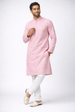 Modern Lite Pink Printed Kurta Pajama Set for Men