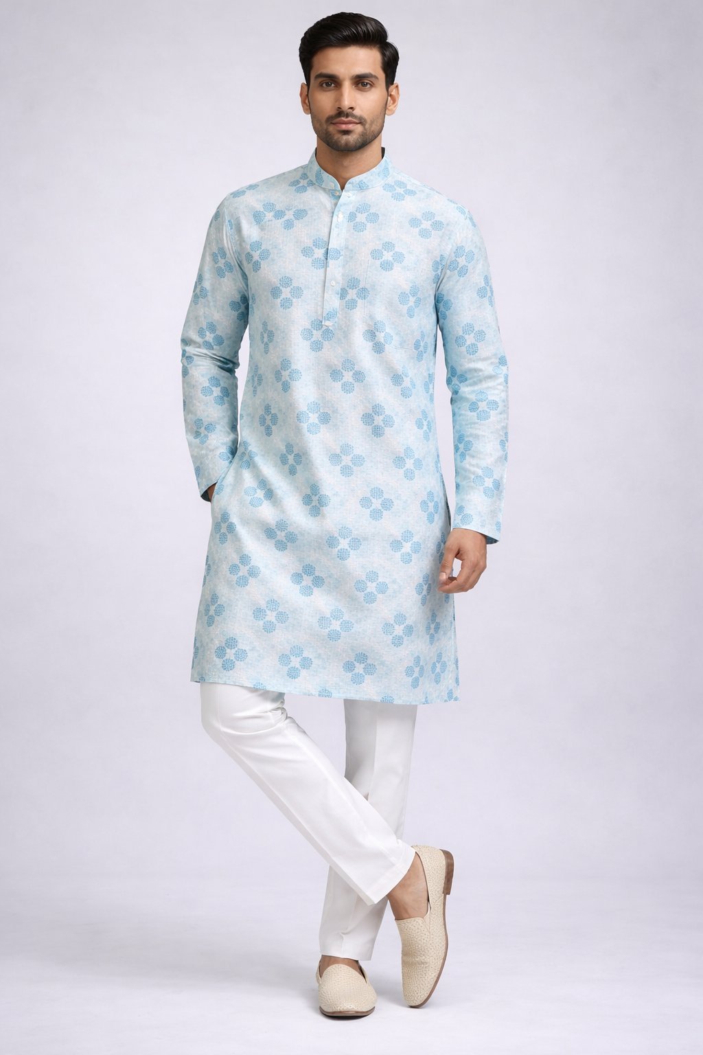 Sky Blue Printed Kurta Pajama Set for Men - Ethnic Style Sky Blue Printed Kurta Pajama Set for Men - Ethnic Style