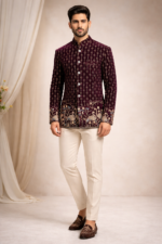 Dark Purple Printed Velvet Jodhpuri Blazer for Men