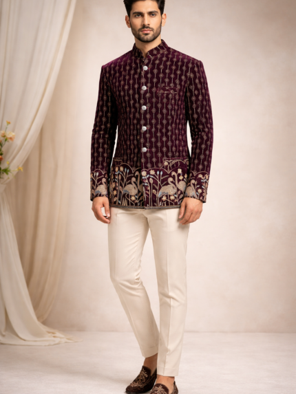 Dark Purple Printed Velvet Jodhpuri Blazer for Men