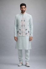 Royal Sky Blue 3-Piece Kurta Pajama & Jacket Set for Wedding