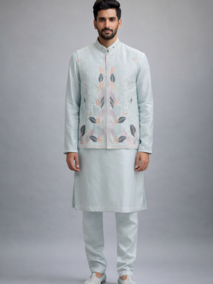 Royal Sky Blue 3-Piece Kurta Pajama & Jacket Set for Wedding
