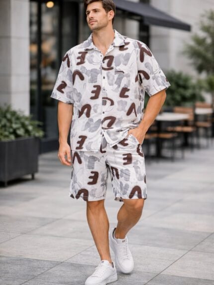 Buy Stylish Steel Grey Printed Cotton Cord Set for Men