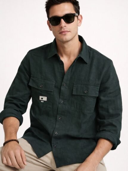 Trendy Dark Green Double Pocket Plain Shirt - Utility Style