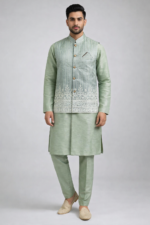 Lite Green 3-Piece Kurta Pajama & Jacket Set for Wedding