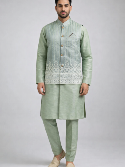 Lite Green 3-Piece Kurta Pajama & Jacket Set for Wedding