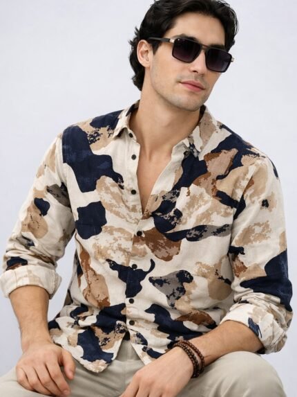 Trendy Cream Print Full Shirt for Men - Modern Neutral Style