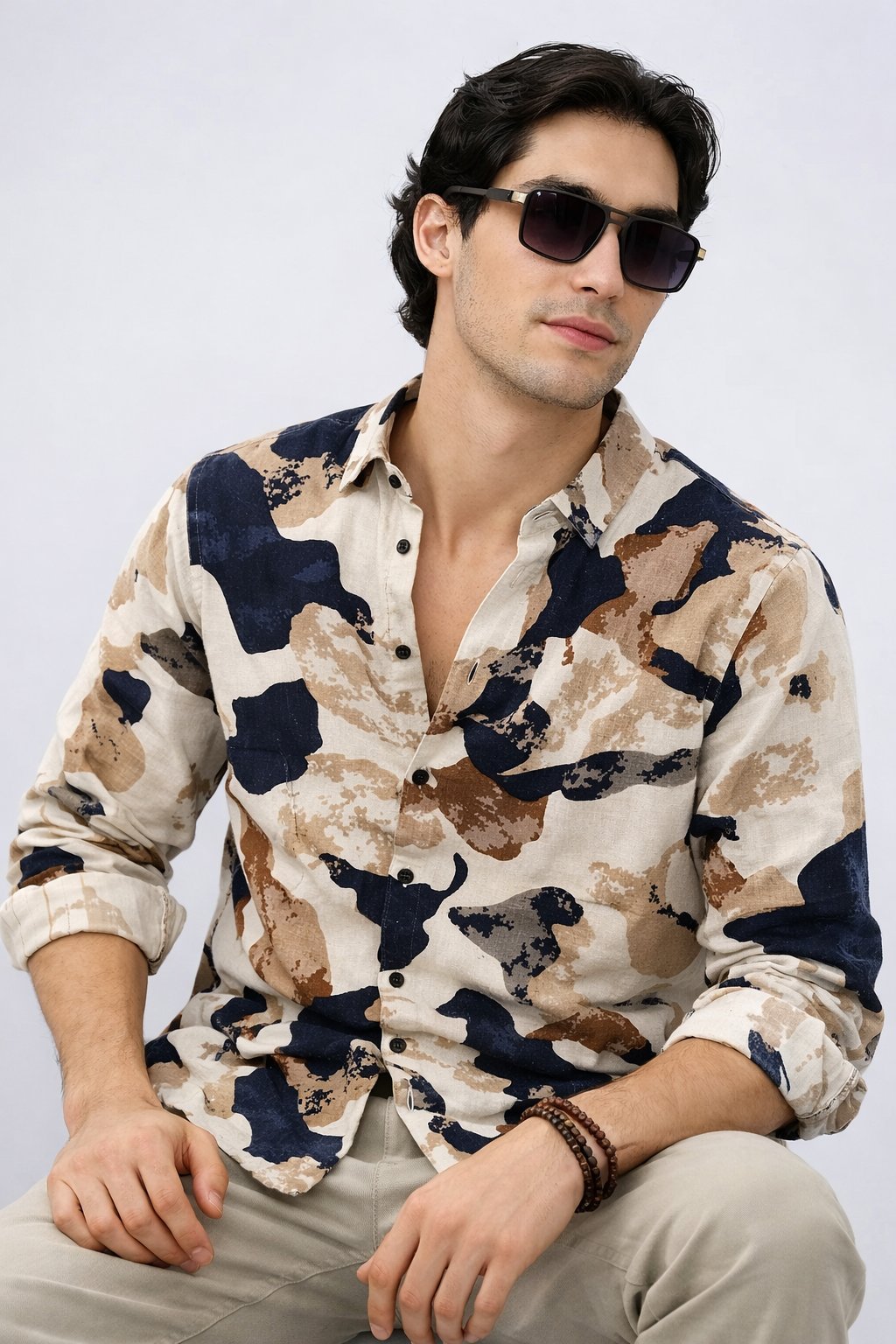 Trendy Cream Print Full Shirt for Men - Modern Neutral Style Trendy Cream Print Full Shirt for Men - Modern Neutral Style
