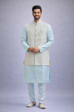 Royal Sky Blue 3-Piece Kurta Pajama & Jacket Set for Wedding