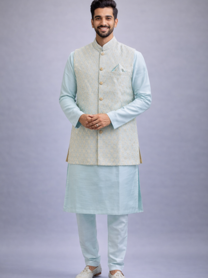Royal Sky Blue 3-Piece Kurta Pajama & Jacket Set for Wedding