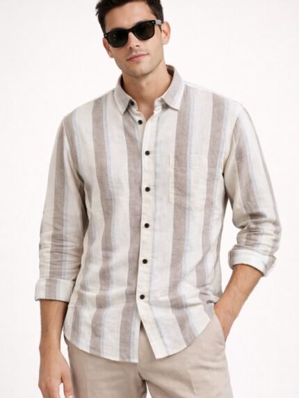 Trendy Cream Stripe Full Shirt for Men - Striped Style