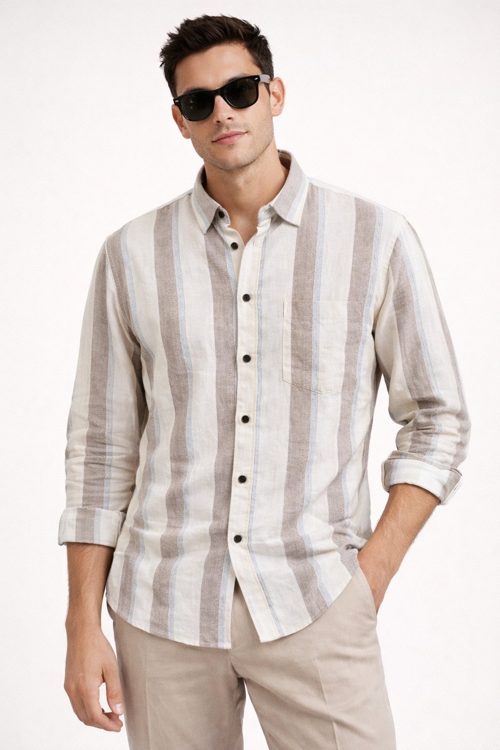 Trendy Cream Stripe Full Shirt for Men - Striped Style Trendy Cream Stripe Full Shirt for Men - Striped Style
