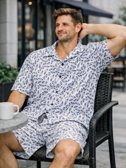 Best Classic Blue Printed Cotton Cord Set for Men Online