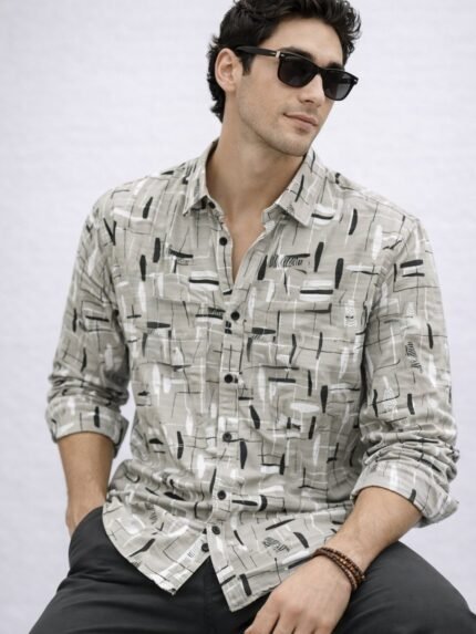 Stylish Lite Grey Printed Full Shirt for Men - Contemporary Casual