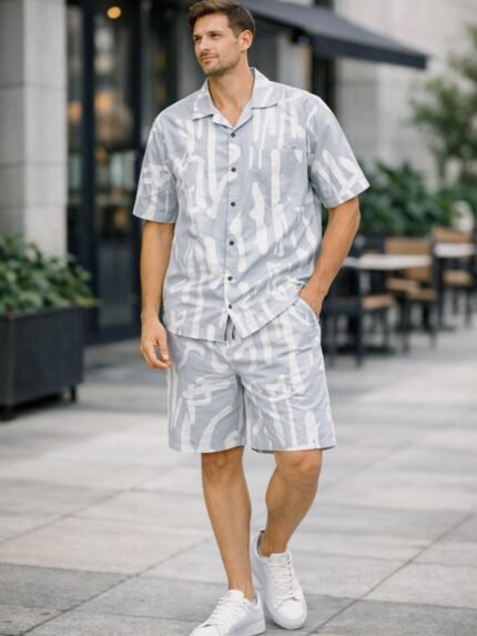 Buy Lite Grey Printed Cotton Cord Set for Men Stylish