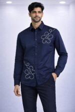 Classic Navy Blue Printed Full Shirt for Men - Timeless Casual