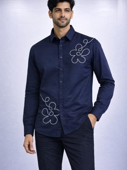 Classic Navy Blue Printed Full Shirt for Men - Timeless Casual