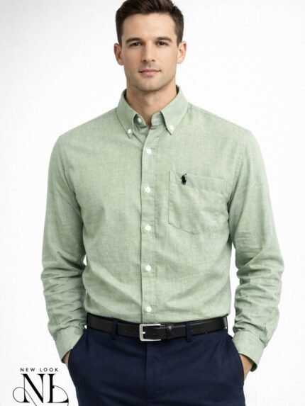 Classic Plain Linen Lite Green Full Shirt for Men