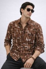Stylish Dark Brown Printed Full Shirt for Men - Earthy Style