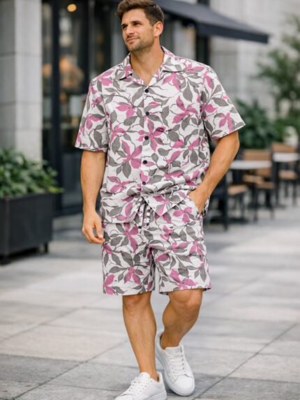 Buy Stylish Lite Pink Printed Cotton Cord Set for Men