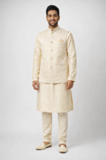 Golden 3-Piece Kurta Pajama & Jacket Set for Wedding