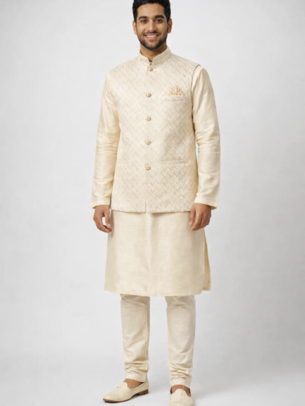 Golden 3-Piece Kurta Pajama & Jacket Set for Wedding