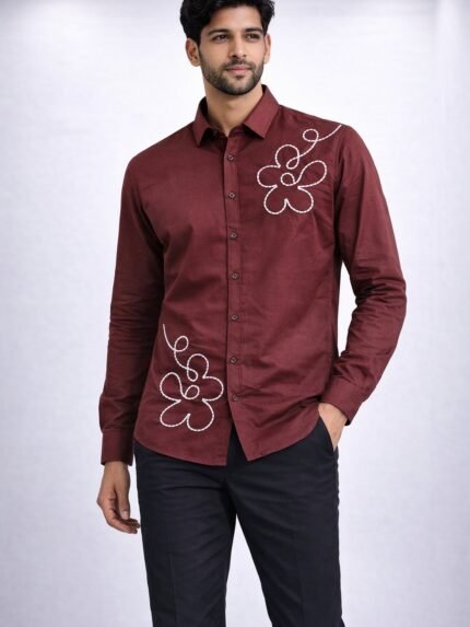 Classic Maroon Printed Full Shirt for Men - Casual Stylish